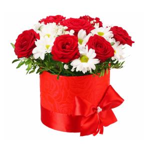 Красная роза с белой хризантемой в коробке